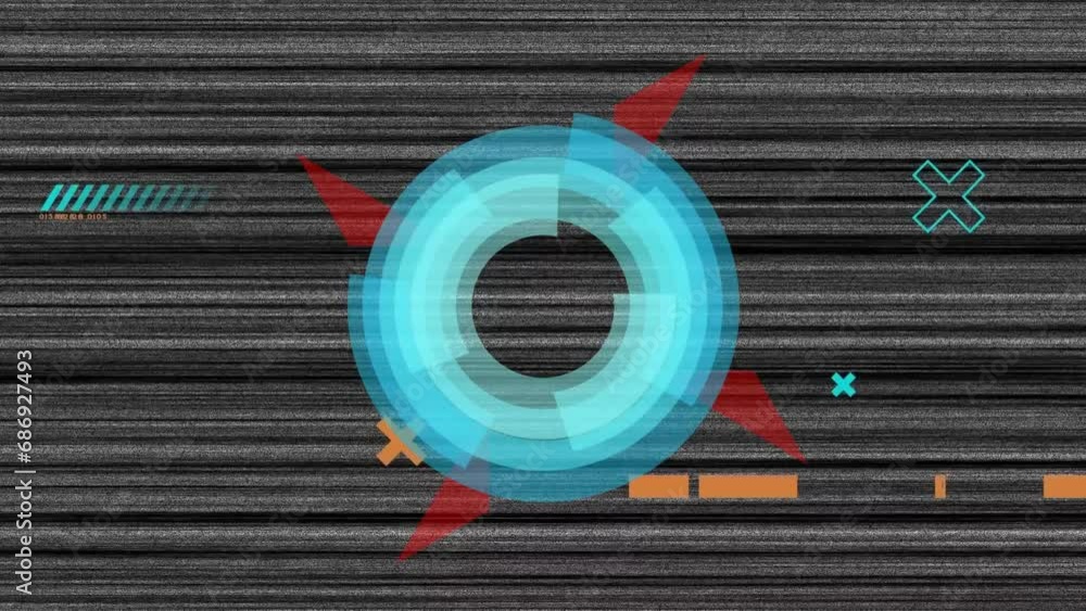 Poster animation of moving shapes over lines on black background