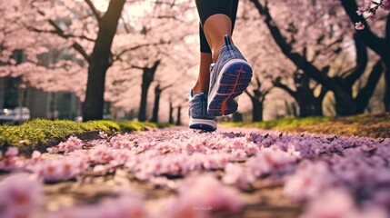 a jogger's feet in motion on a trail covered in spring blossoms, with the focus on the running shoes and the blurred floral path, symbolizing the energy of spring jogging - obrazy, fototapety, plakaty