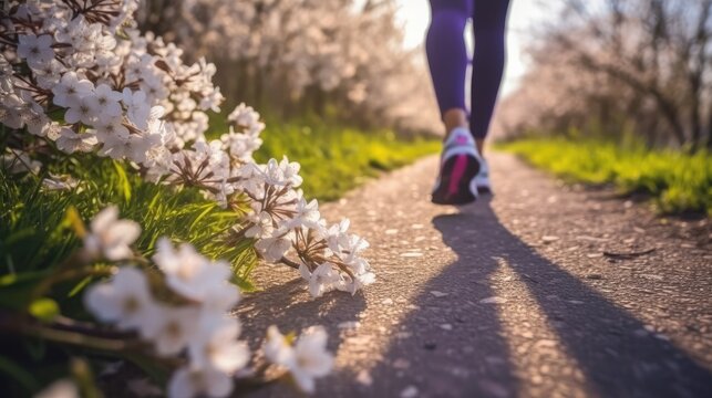  jogger's feet in motion on a trail covered in spring blossoms, with the focus on the running shoes and the blurred floral path, symbolizing the energy of spring jogging