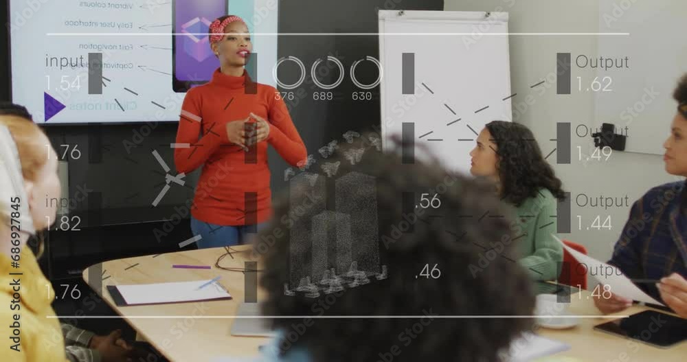 Poster animation of data processing over diverse colleagues having meeting in office