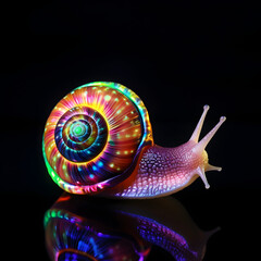 Neon electric iridescent snail with a black background 