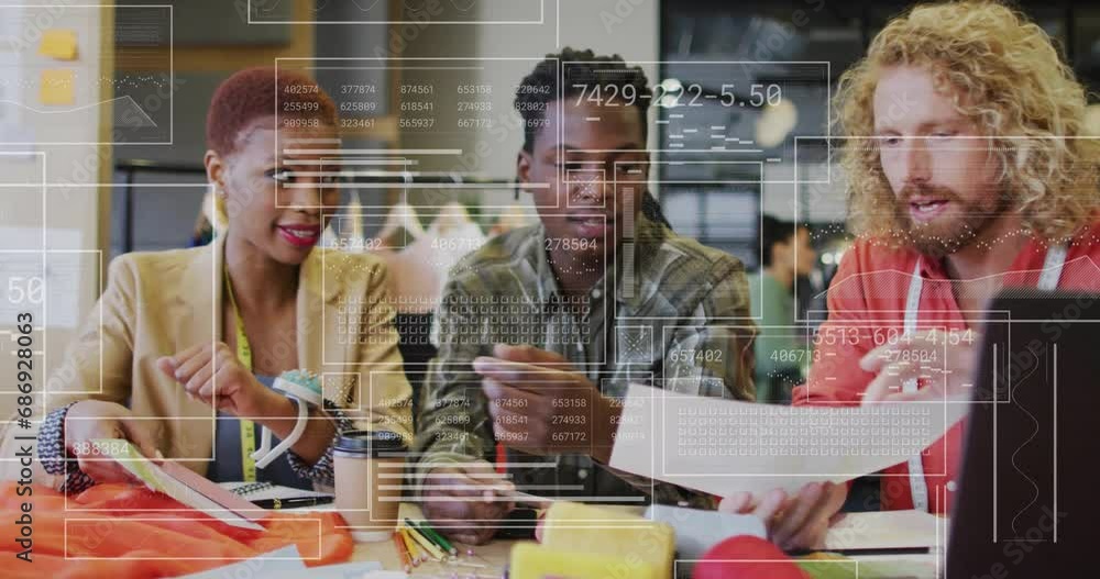 Poster animation of data processing over diverse colleagues discussing work in office