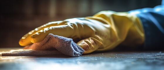 Hand in yellow rubber glove cleaning a dusty surface with a cloth, emphasizing hygiene and domestic chores.