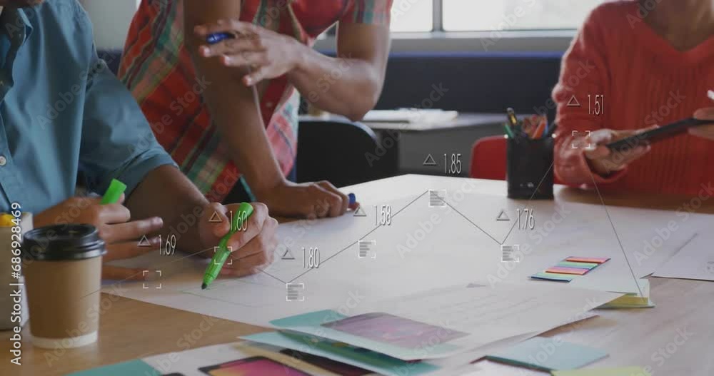 Poster animation of data processing over diverse colleagues having meeting in office