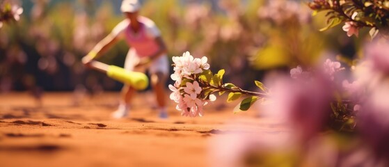 Spring Cricket Game: Athlete in Action on Clay Court with Beautiful Blooming Flowers in Foreground