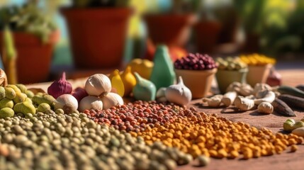 Colorful assortment of diverse seeds, beans, and legumes on a wooden surface, representing natural food, agriculture, and healthy eating.