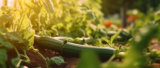 Fresh Cucumber Growing in a Sunny Organic Garden Bed with Lush Green Plants