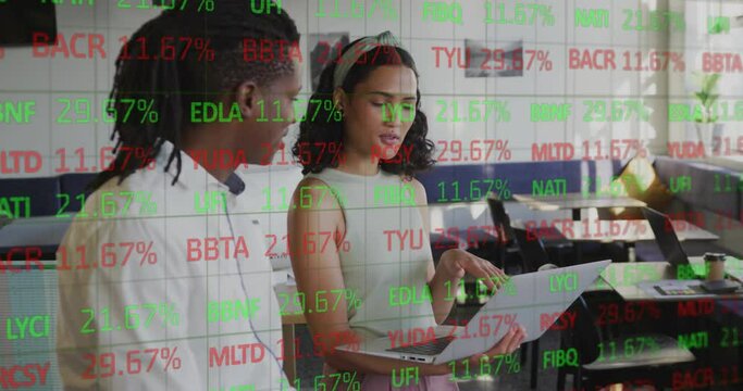 Animation of stock market over diverse colleagues using laptop in office