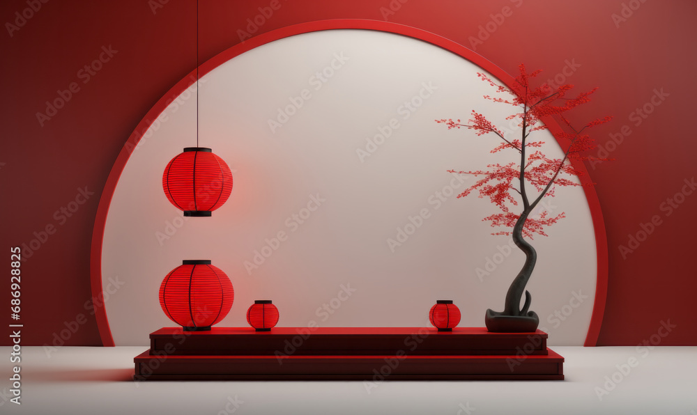 Poster an empty oriental style product display podium. asian empty mock up scene template