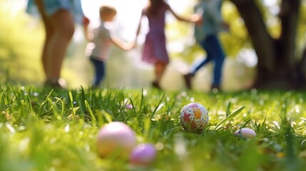 Easter egg hunt in sunny park with children playing. Colorful decorated eggs on vibrant green grass, low angle view.