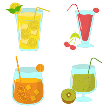 Fruit Juice Smoothies With Various Types of Fruit. Trendy Cartoon Design. Isolated Vector Set. 