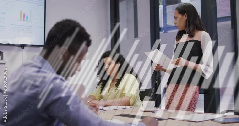 Sticker Animation of moving columns over diverse colleagues having meeting in office