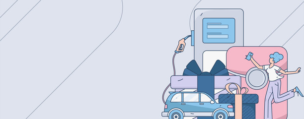 Vector internet operation hand-drawn illustration of people getting discounts for refueling the car
