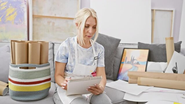 Young, beautiful blonde woman artist engrossed in drawing, intently looking at smartphone screen for inspiration in cozy art studio