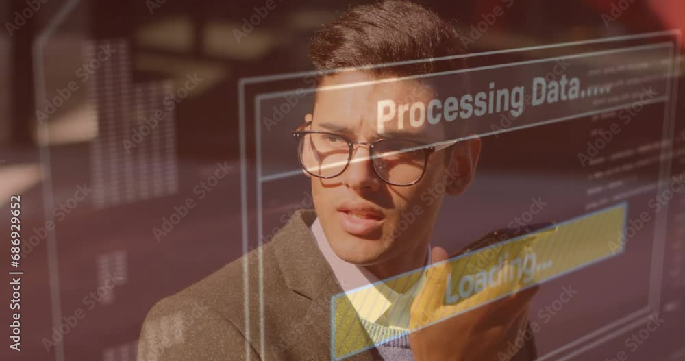 Poster animation of data processing over caucasian businessman talking on smartphone
