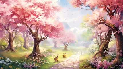 Obraz na płótnie Canvas watercolor illustration of a magical spring garden surrounded by delicate blossoms in various colors