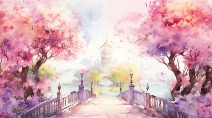 watercolor illustration of a magical spring garden surrounded by delicate blossoms in various colors