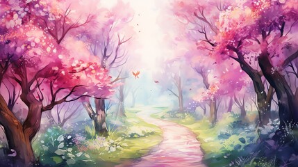 watercolor illustration of a magical spring garden surrounded by delicate blossoms in various colors