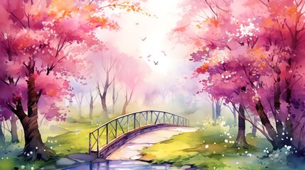 watercolor illustration of a magical spring garden surrounded by delicate blossoms in various colors