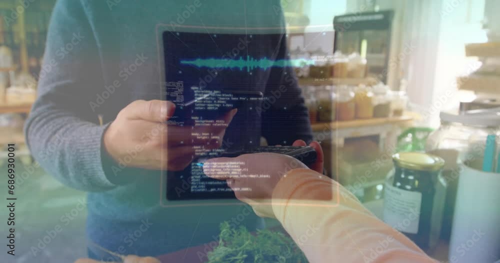 Poster animation of data processing over biracial man paying with smartphone