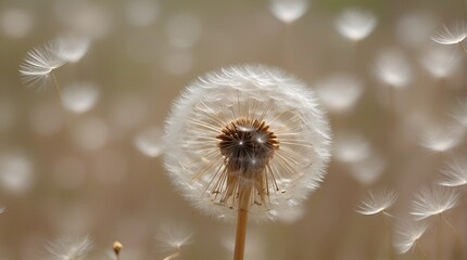 Dandelion weed seeds blowing across a spring, summer garden lawn with a bright sunny background