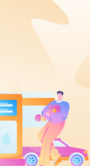 Vector internet operation hand-drawn illustration of people getting discounts for refueling the car
