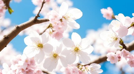 Fototapeta premium Pink cherry tree blossom flowers blooming in spring, easter time against a natural sunny blurred garden banner background of blue, yellow and white bokeh.