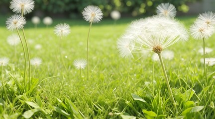 Dandelion weed seeds blowing across a spring, summer garden lawn with a bright sunny background