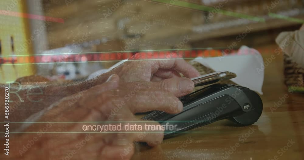 Aufkleber animation of data processing over caucasian man paying with smartphone