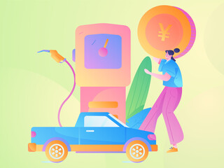 Vector internet operation hand-drawn illustration of people getting discounts for refueling the car

