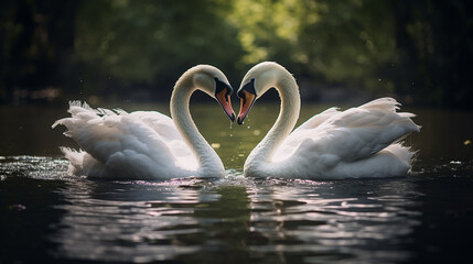Eternal Romance: A Pair of Swans with Love-Shaped Necks - Generative AI - obrazy, fototapety, plakaty