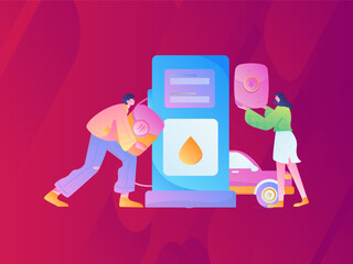 Vector internet operation hand-drawn illustration of people getting discounts for refueling the car
