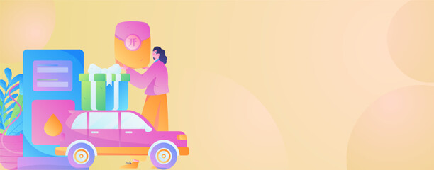Fototapeta premium Vector internet operation hand-drawn illustration of people getting discounts for refueling the car 