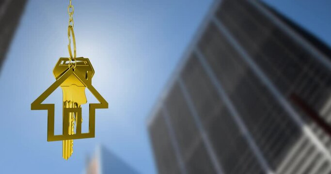 Animation of golden key with house key chain over skyscraper