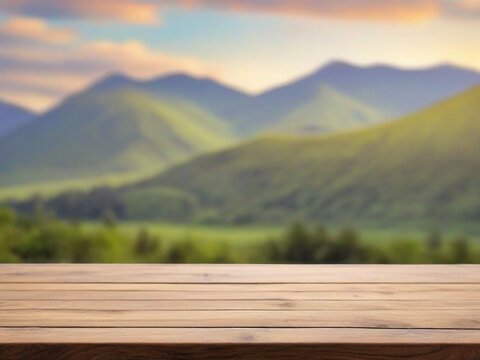 Wooden background in countryside with blurred mountain landscape
