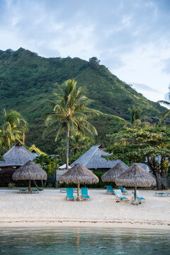 Beautiful thatched roof houses over the ocean at sunset in Tahiti in a tropical island beach