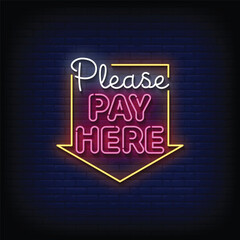 Neon Sign pay here with brick wall background vector