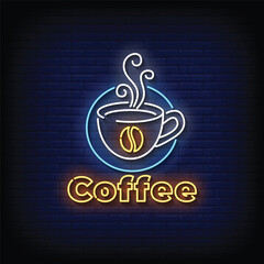 Neon Sign coffee with brick wall background vector
