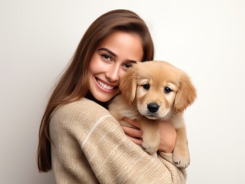 Happy Young Woman Hugging Cute Puppy