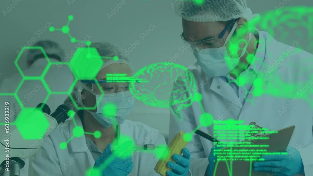 Poster animation of data processing with digital brains over diverse scientists working in lab
