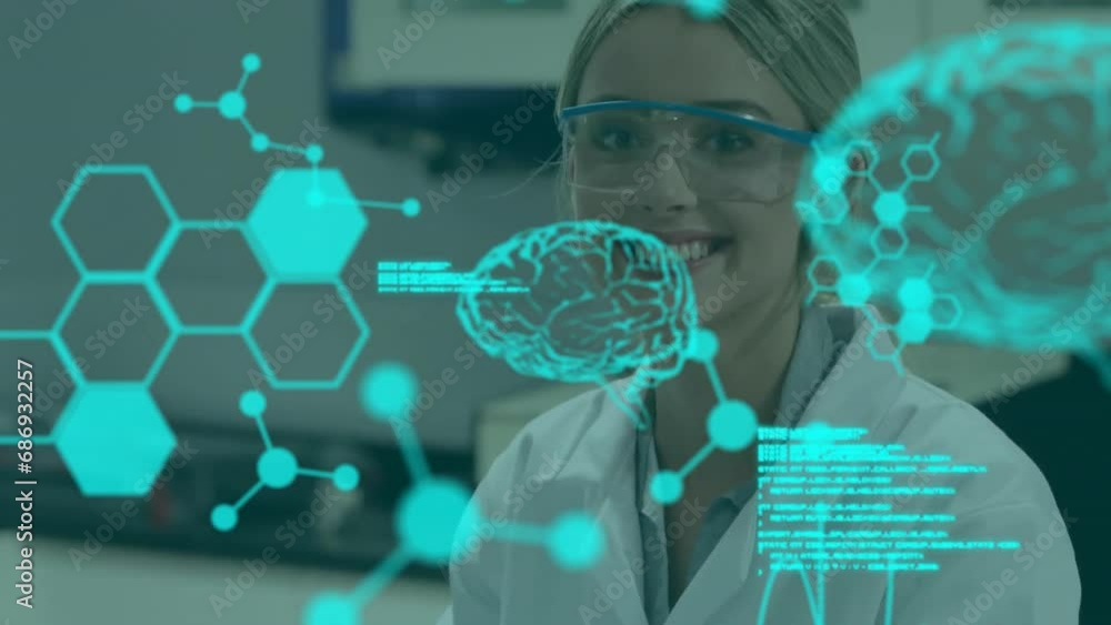 Poster animation of data processing with digital brains over caucasian female scientist working in lab