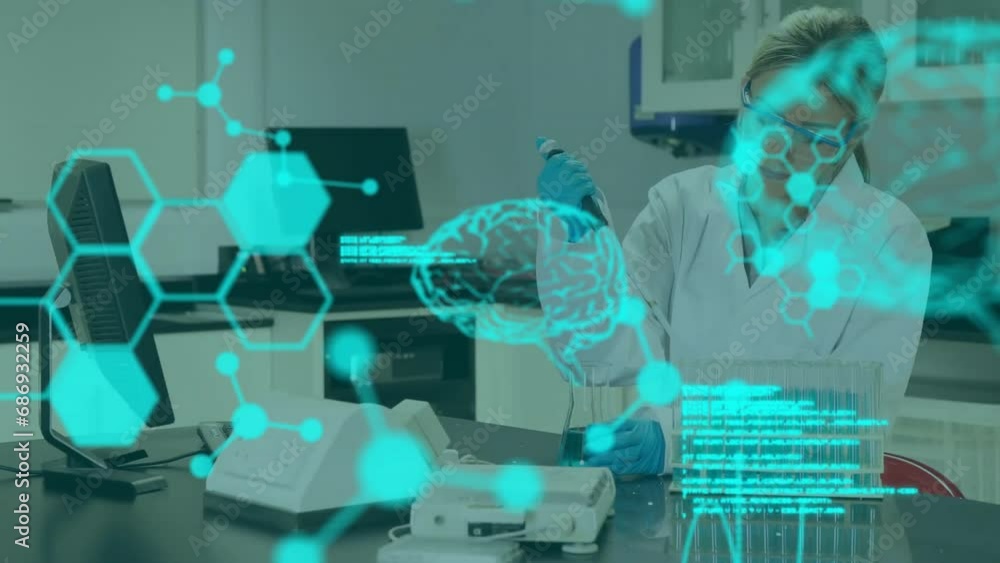 Poster animation of data processing with digital brains over caucasian female scientist working in lab