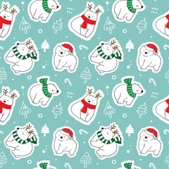 Seamless Pattern of Christmas Theme with Cartoon Bear Design on Pastel Green Background