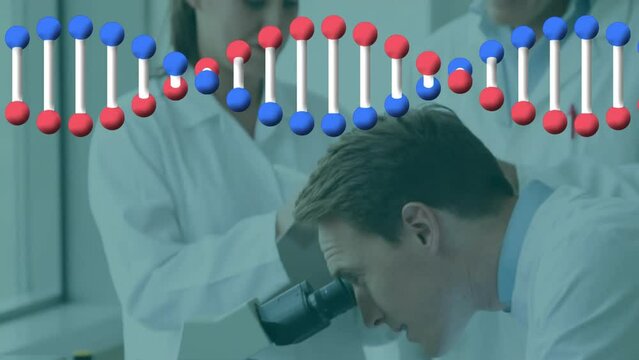 Animation of dna strand over diverse scientists working in lab