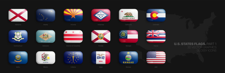 All Official Flags of US States 3D Vector Rounded Glossy Icons Set Isolated On Background Part 1. United States of America Illustration Bright Vivid Colour Buttons Design Elements Clip Art Collection