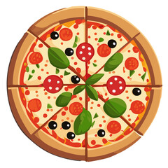 Flat style vector doodle illustration of a cheesy Italian pizza.