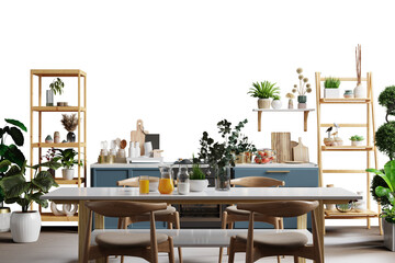 Modern kitchen interior with furniture on transparent background.3d rendering