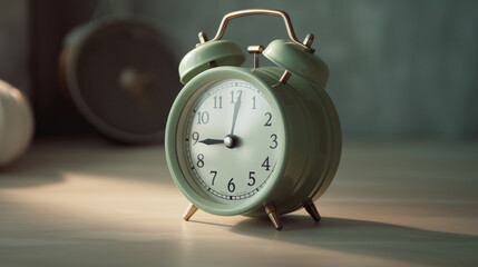 Vintage alarm clock on floor on sage green background in pastel colors