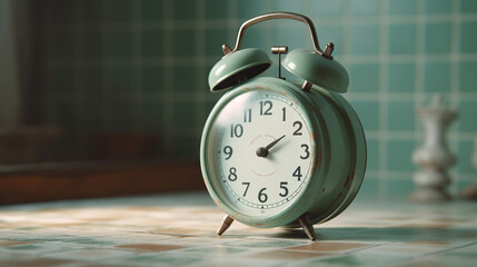 Vintage alarm clock on floor on sage green background in pastel colors