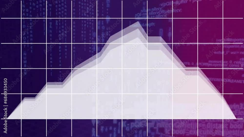 Poster animation of lines over financial data processing on purple background